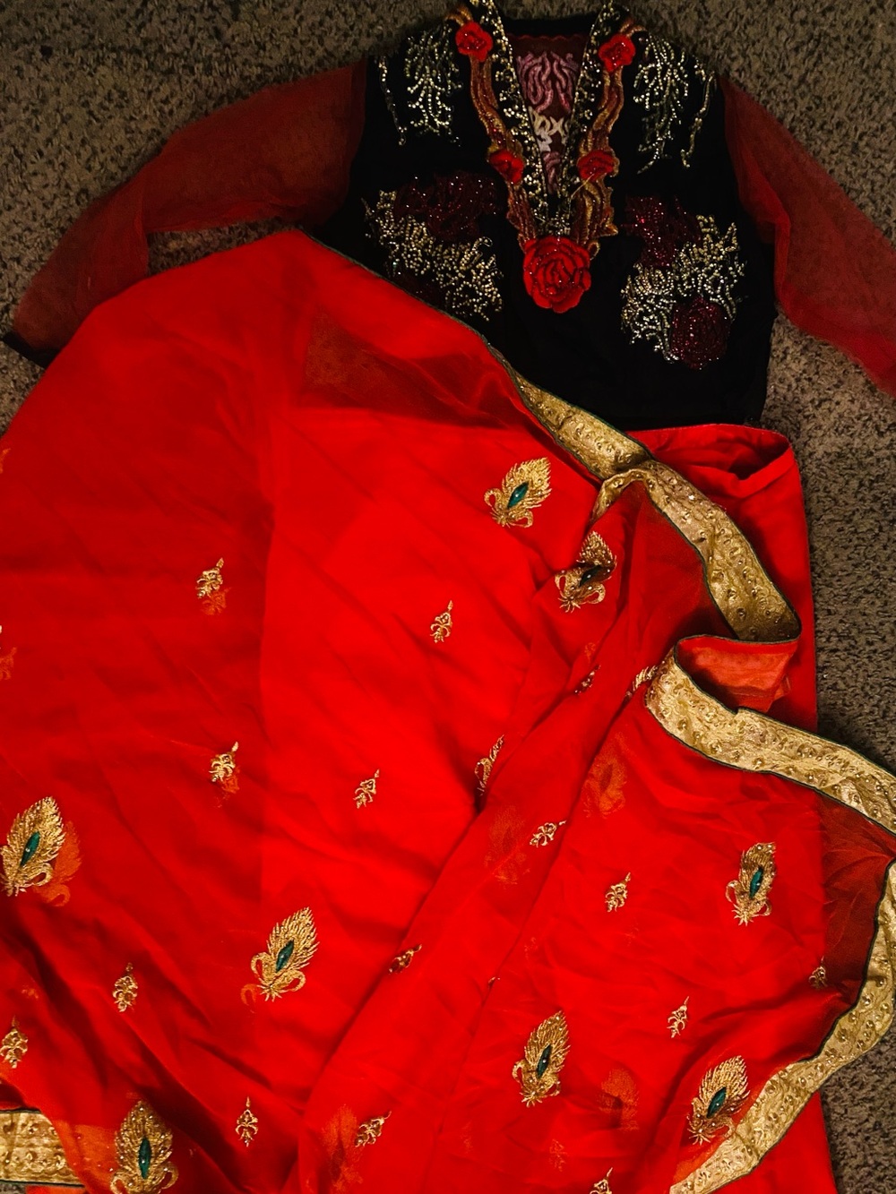 Embroidered Red Women's dress with Top Gold Trim and long skirt